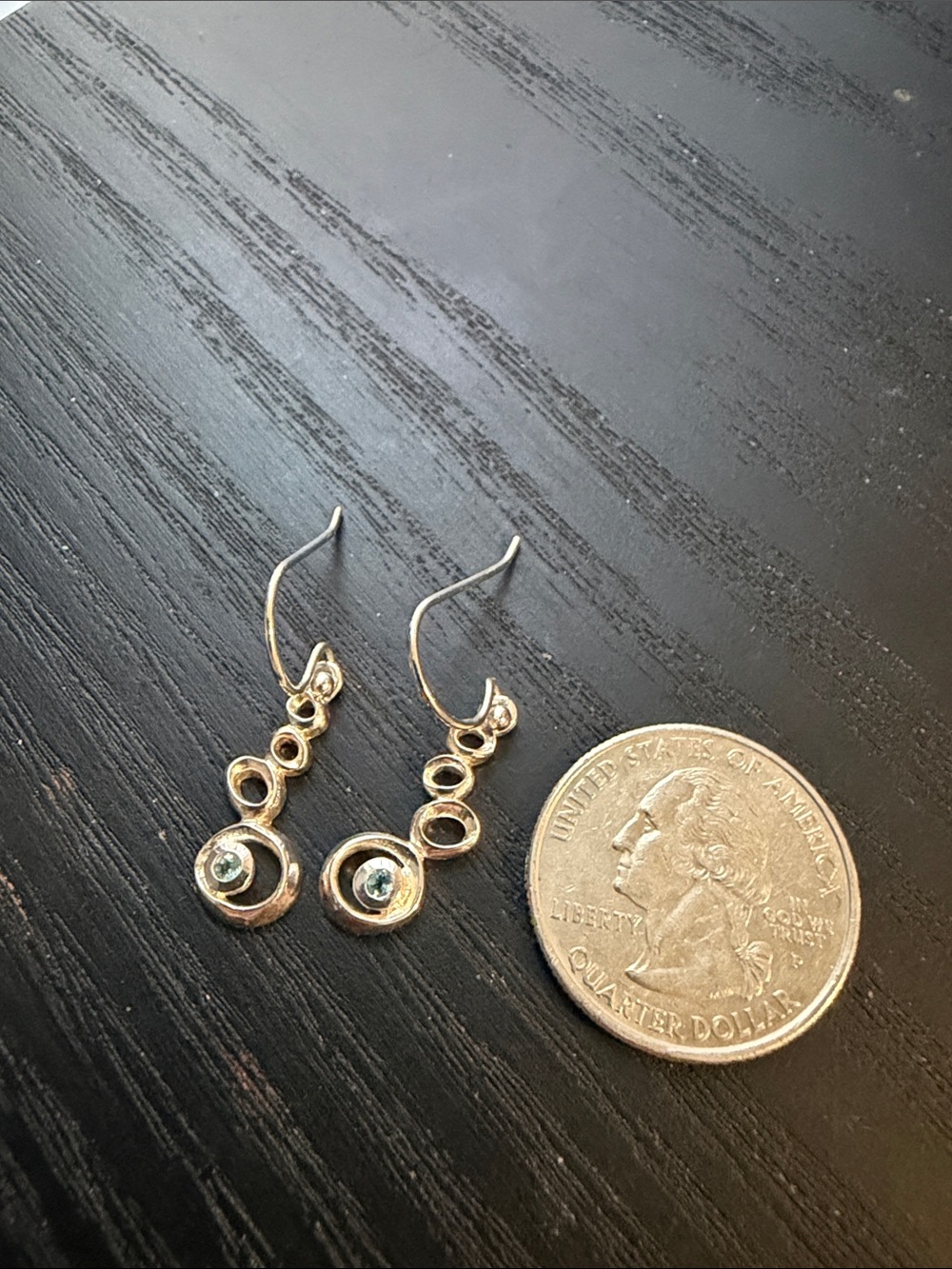 One of a Kind Artist Sterling Silver Drop Earrings with Light Blue Stone Accents
